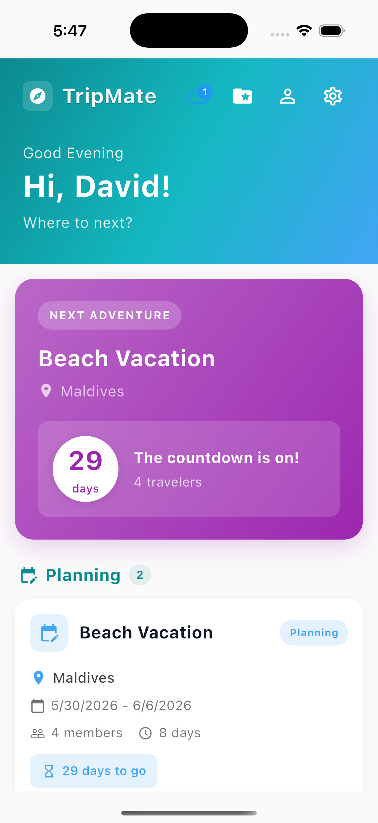 Kounga TripMate App Screen 2